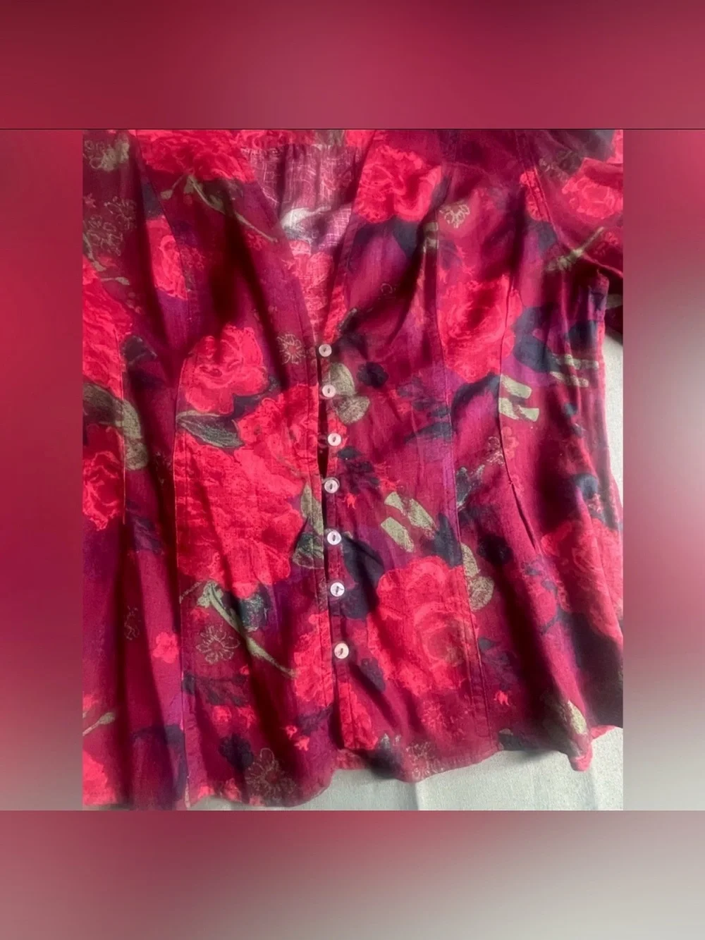 Free People Burgundy Rose Floral V-Neck Puff Sleeve Blouse